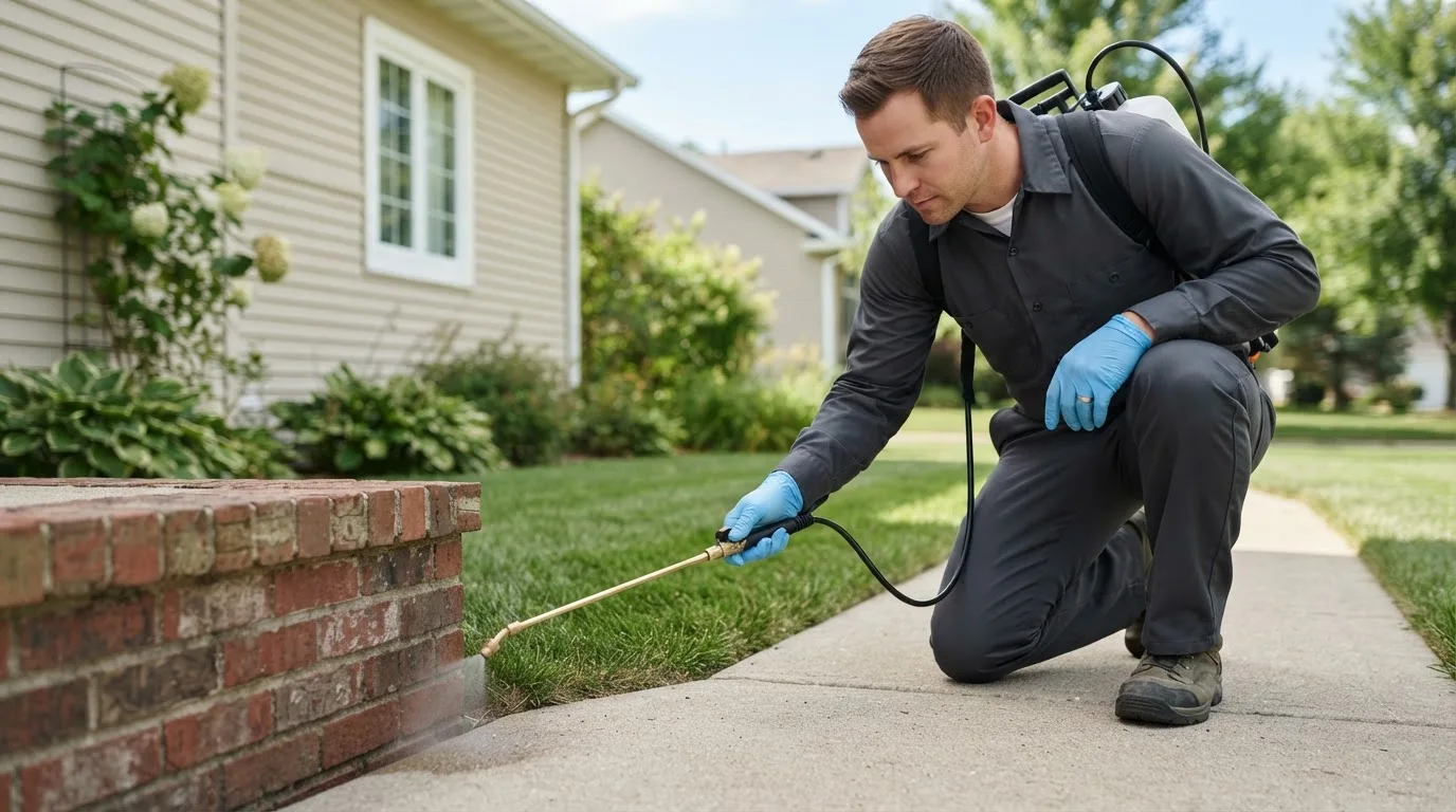Pest control technician treating a home near Armada, MI